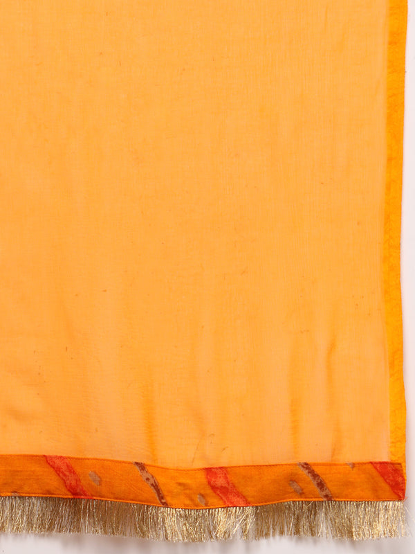 Women's Leheriya Printed Thread Work Kurta and Palazzos With Dupatta Set