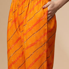 Women's Leheriya Printed Thread Work Kurta and Palazzos With Dupatta Set