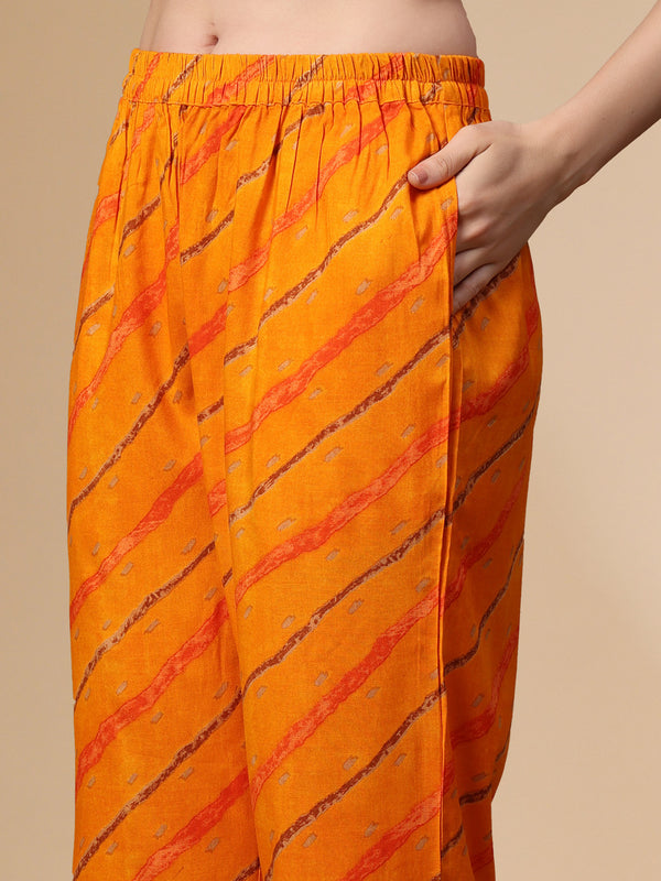 Women's Leheriya Printed Thread Work Kurta and Palazzos With Dupatta Set