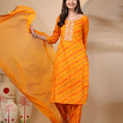 Women's Leheriya Printed Thread Work Kurta and Palazzos With Dupatta Set