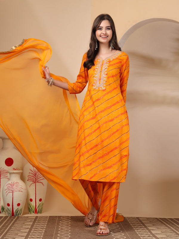 Women's Leheriya Printed Thread Work Kurta and Palazzos With Dupatta Set