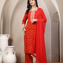Women's Leheriya Printed Thread Work Kurta and Palazzos With Dupatta Set