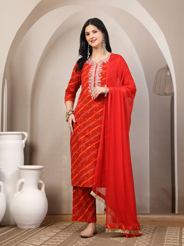 Women's Leheriya Printed Thread Work Kurta and Palazzos With Dupatta Set