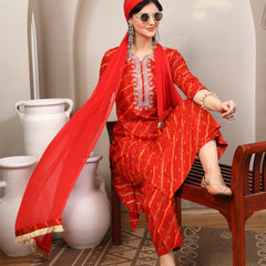 Women's Leheriya Printed Thread Work Kurta and Palazzos With Dupatta Set