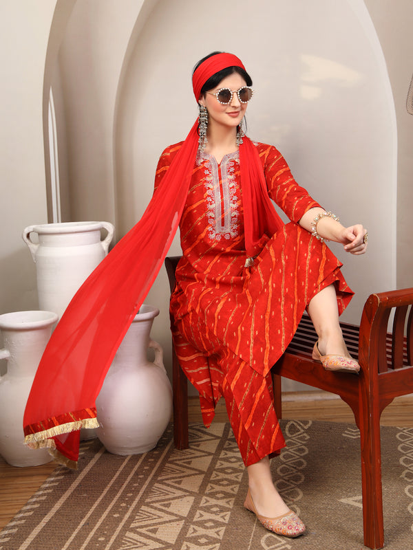 Women's Leheriya Printed Thread Work Kurta and Palazzos With Dupatta Set