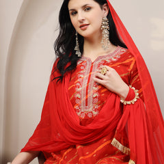 Women's Leheriya Printed Thread Work Kurta and Palazzos With Dupatta Set
