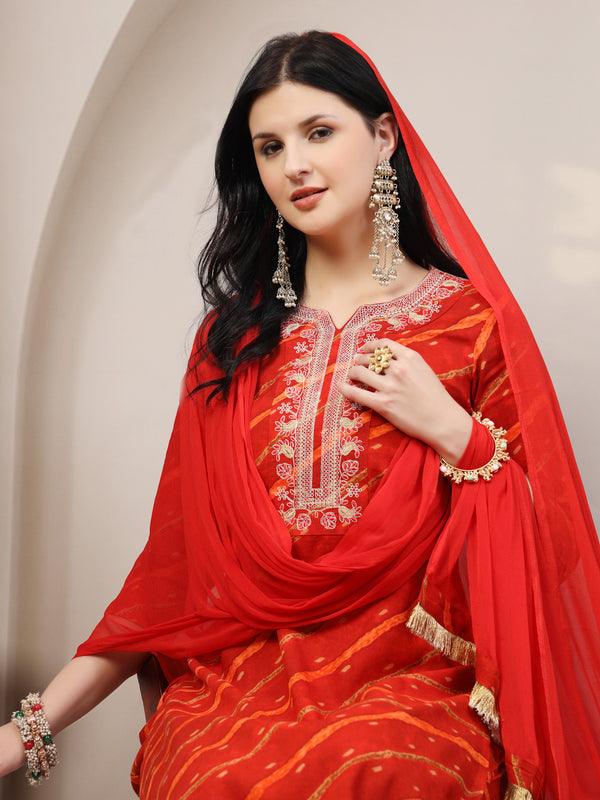 Women's Leheriya Printed Thread Work Kurta and Palazzos With Dupatta Set