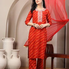 Women's Leheriya Printed Thread Work Kurta and Palazzos With Dupatta Set