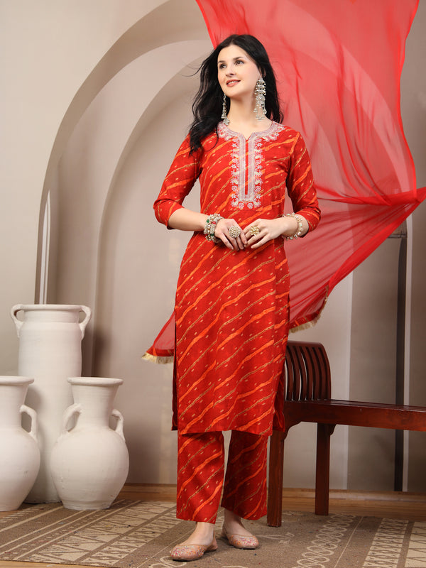 Women's Leheriya Printed Thread Work Kurta and Palazzos With Dupatta Set