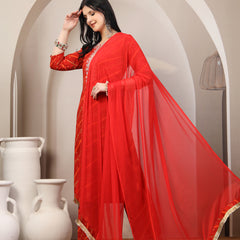 Women's Leheriya Printed Thread Work Kurta and Palazzos With Dupatta Set