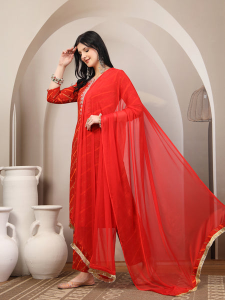 Women's Leheriya Printed Thread Work Kurta and Palazzos With Dupatta Set