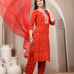 Women's Leheriya Printed Thread Work Kurta and Palazzos With Dupatta Set