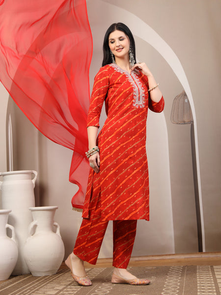 Women's Leheriya Printed Thread Work Kurta and Palazzos With Dupatta Set