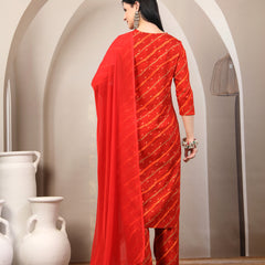 Women's Leheriya Printed Thread Work Kurta and Palazzos With Dupatta Set