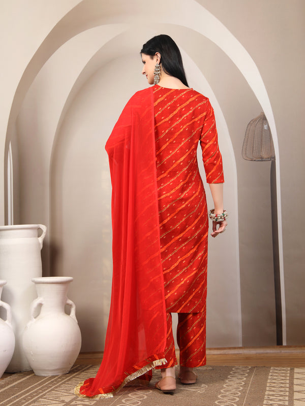 Women's Leheriya Printed Thread Work Kurta and Palazzos With Dupatta Set