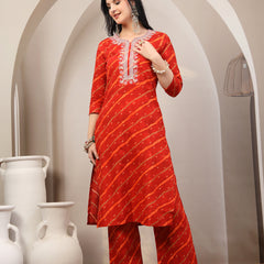Women's Leheriya Printed Thread Work Kurta and Palazzos With Dupatta Set