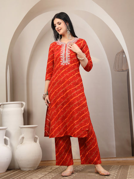 Women's Leheriya Printed Thread Work Kurta and Palazzos With Dupatta Set