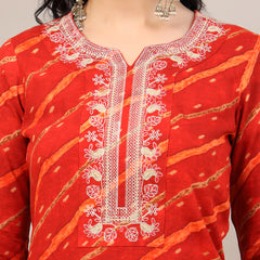 Women's Leheriya Printed Thread Work Kurta and Palazzos With Dupatta Set