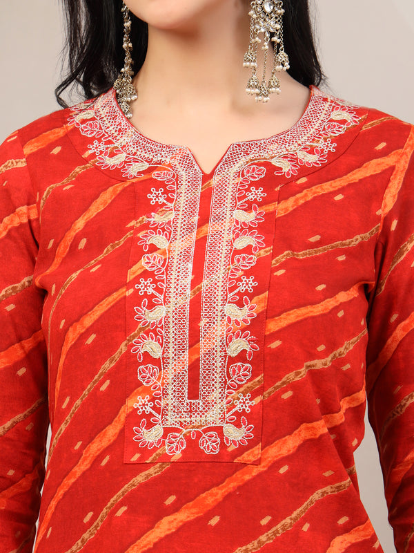 Women's Leheriya Printed Thread Work Kurta and Palazzos With Dupatta Set
