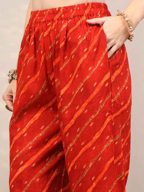 Women's Leheriya Printed Thread Work Kurta and Palazzos With Dupatta Set