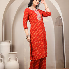 Women's Leheriya Printed Thread Work Kurta and Palazzos With Dupatta Set