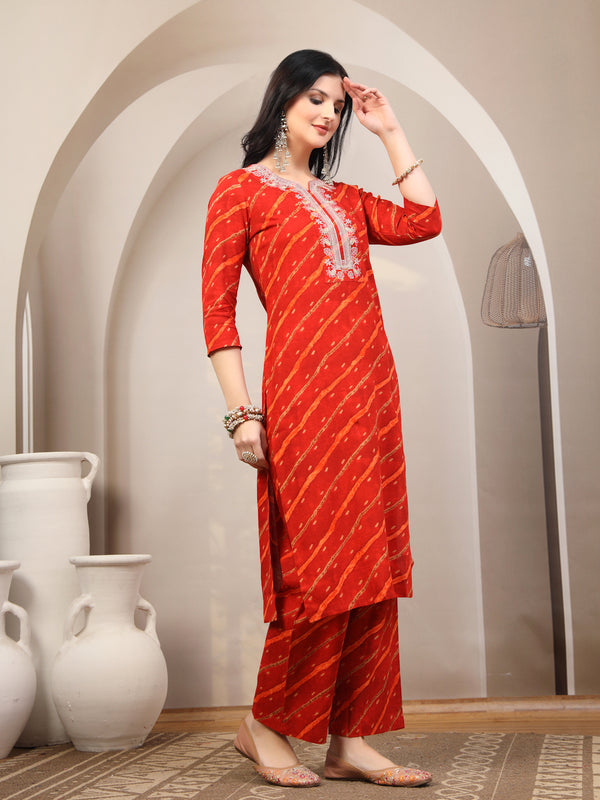 Women's Leheriya Printed Thread Work Kurta and Palazzos With Dupatta Set