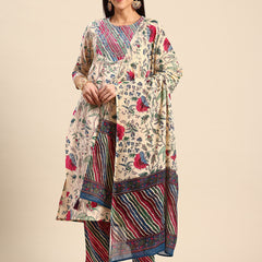 Women's Floral Embroidered Cotton Kurta and Trousers With Dupatta Set
