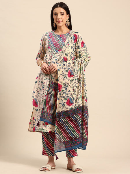 Women's Floral Embroidered Cotton Kurta and Trousers With Dupatta Set