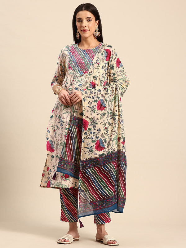 Women's Floral Embroidered Cotton Kurta and Trousers With Dupatta Set
