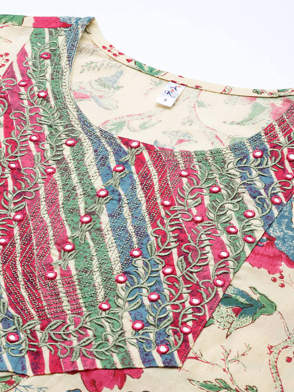 Women's Floral Embroidered Cotton Kurta and Trousers With Dupatta Set