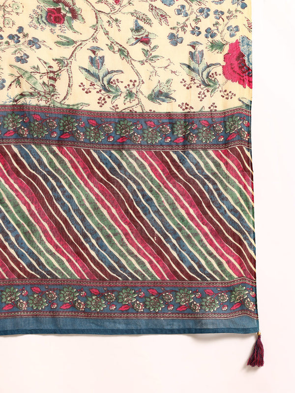 Women's Floral Embroidered Cotton Kurta and Trousers With Dupatta Set