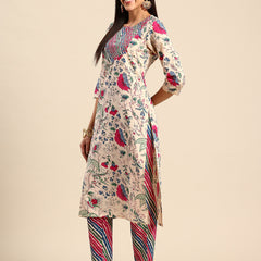 Women's Floral Embroidered Cotton Kurta and Trousers With Dupatta Set