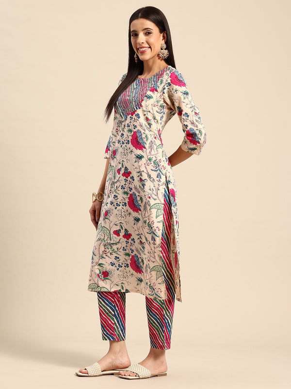 Women's Floral Embroidered Cotton Kurta and Trousers With Dupatta Set
