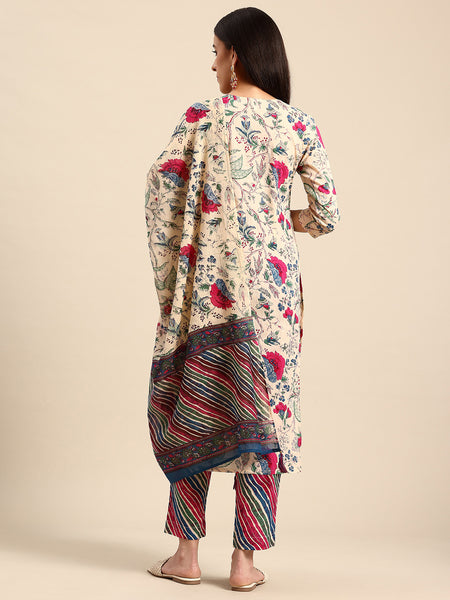 Women's Floral Embroidered Cotton Kurta and Trousers With Dupatta Set