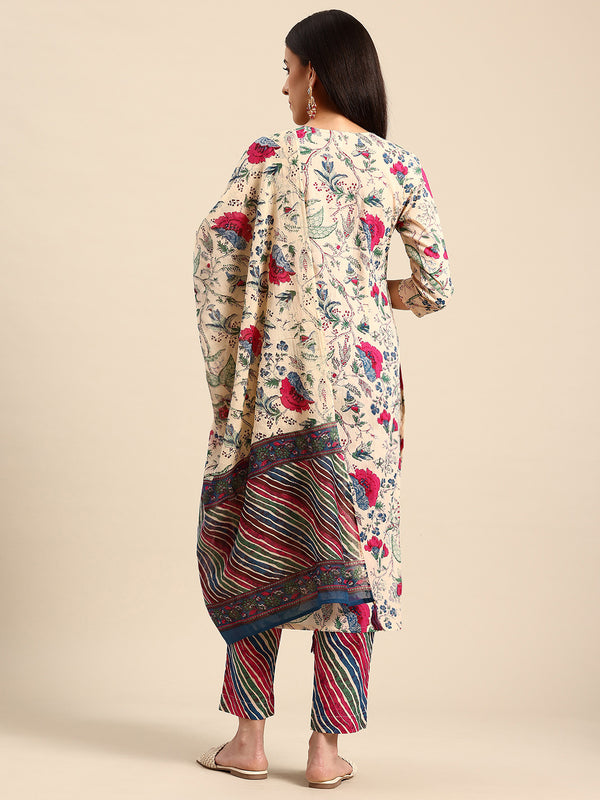 Women's Floral Embroidered Cotton Kurta and Trousers With Dupatta Set