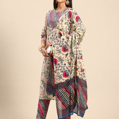 Women's Floral Embroidered Cotton Kurta and Trousers With Dupatta Set