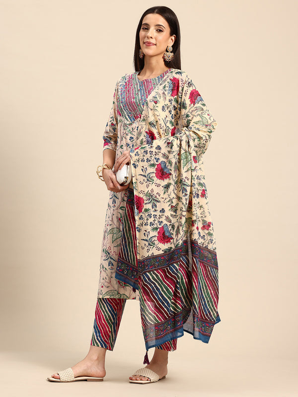 Women's Floral Embroidered Cotton Kurta and Trousers With Dupatta Set