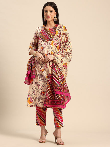 Women's Floral Embroidered Cotton Kurta and Trousers With Dupatta Set