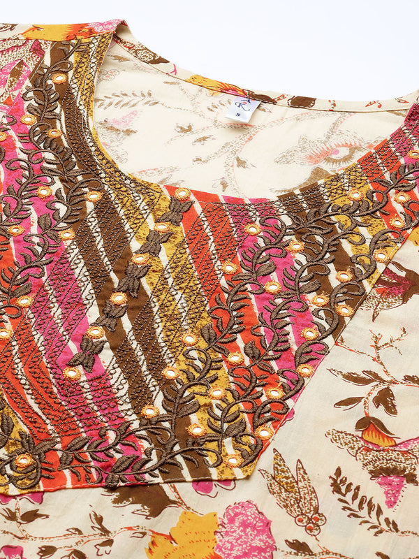 Women's Floral Embroidered Cotton Kurta and Trousers With Dupatta Set