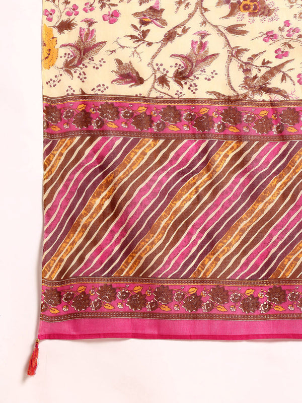 Women's Floral Embroidered Cotton Kurta and Trousers With Dupatta Set