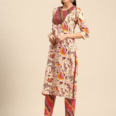 Women's Floral Embroidered Cotton Kurta and Trousers With Dupatta Set