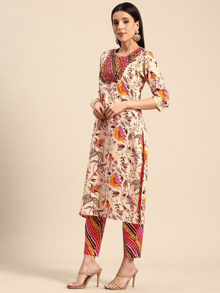 Women's Floral Embroidered Cotton Kurta and Trousers With Dupatta Set