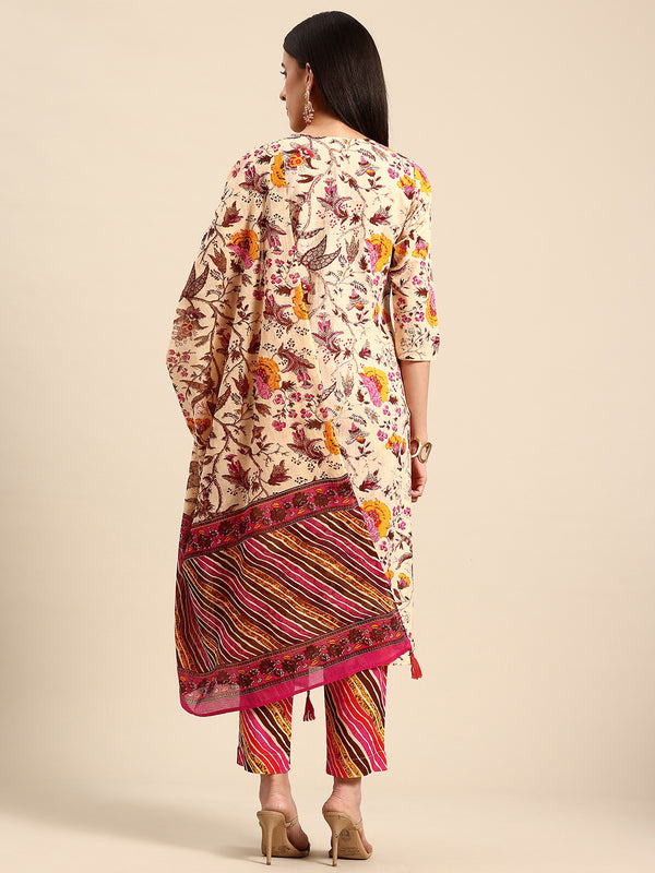 Women's Floral Embroidered Cotton Kurta and Trousers With Dupatta Set