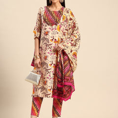 Women's Floral Embroidered Cotton Kurta and Trousers With Dupatta Set