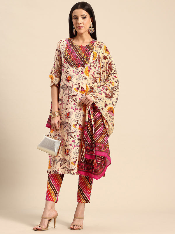 Women's Floral Embroidered Cotton Kurta and Trousers With Dupatta Set