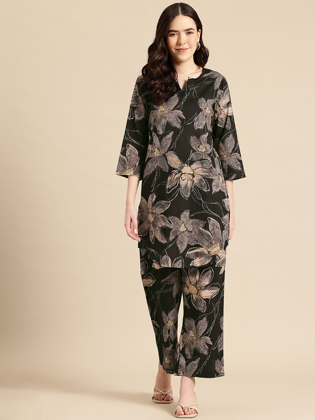 Black Floral Printed Pure Cotton Co-Ords