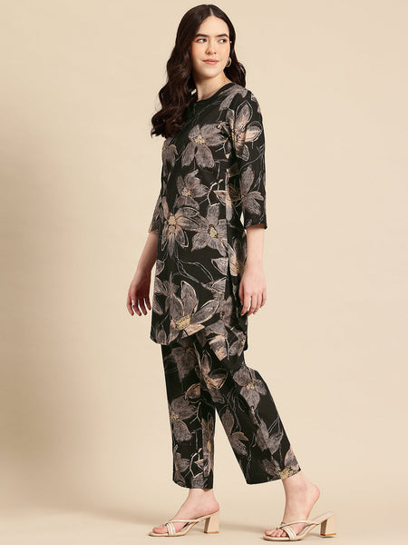Black Floral Printed Pure Cotton Co-Ords