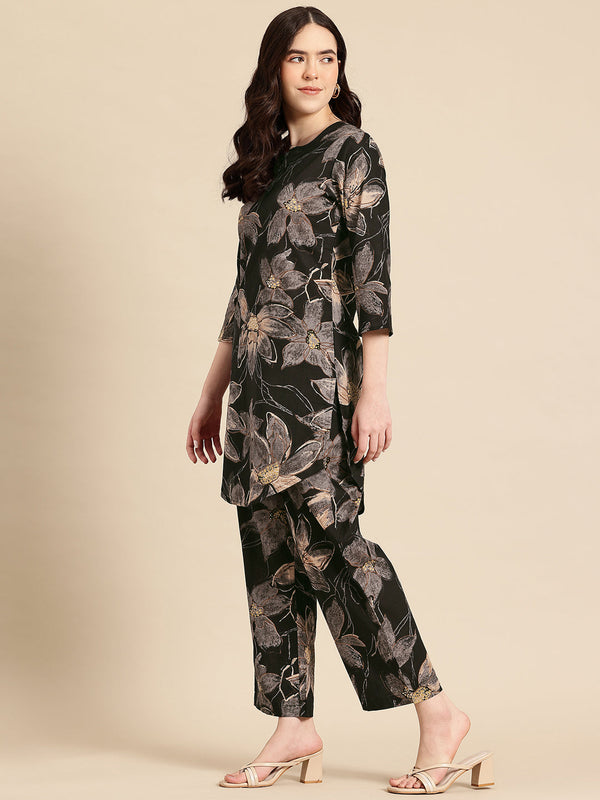 Black Floral Printed Pure Cotton Co-Ords