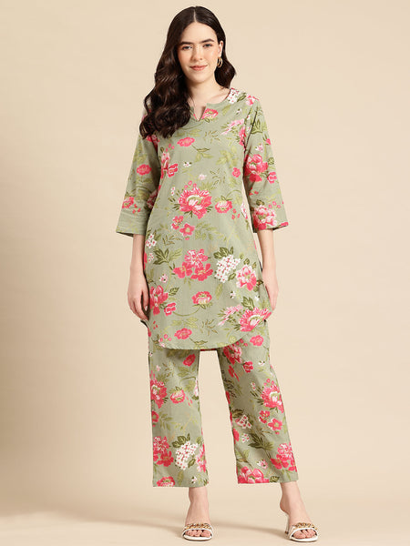 Green Floral Printed Co-Ords