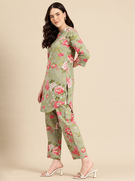 Green Floral Printed Co-Ords